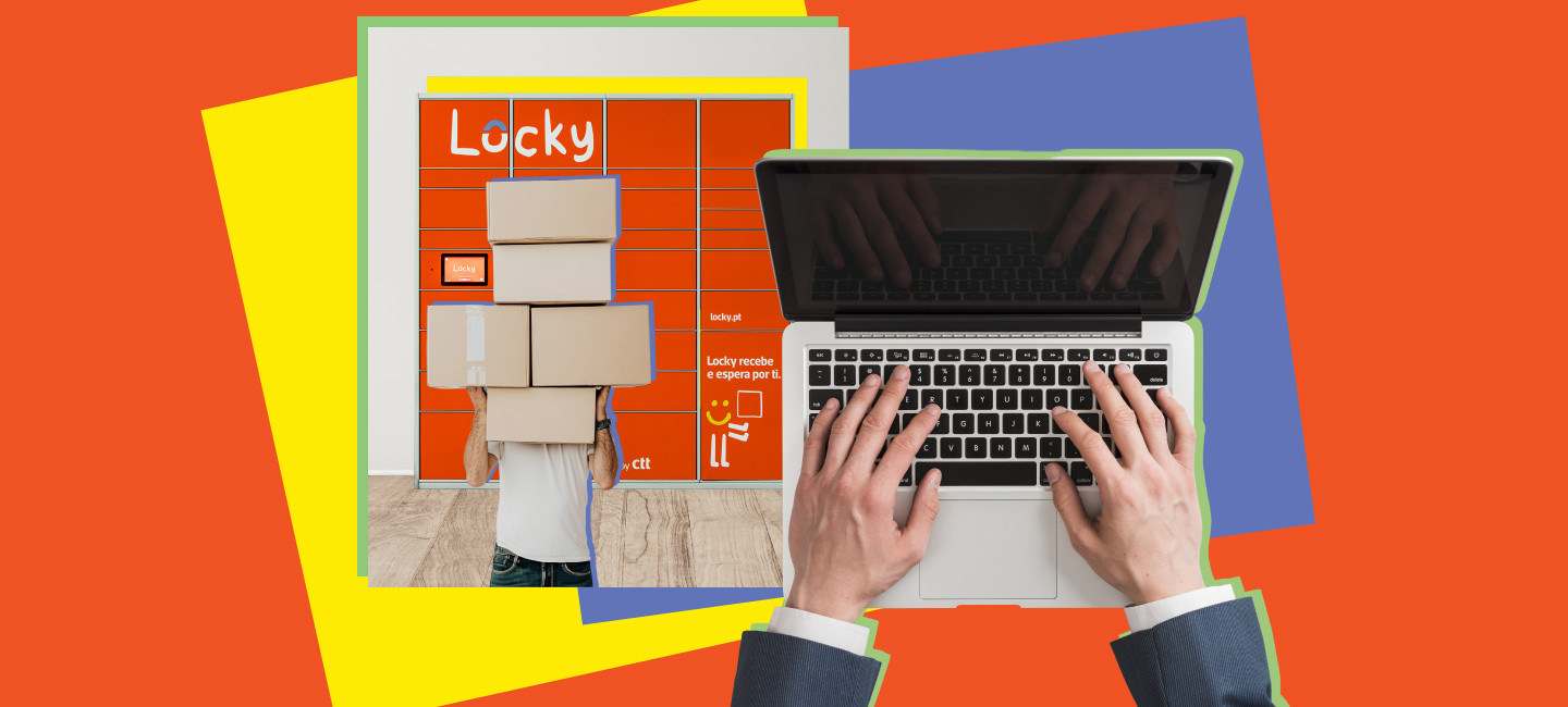 Mãos a escrever num pc; atrás um cacifo Locky