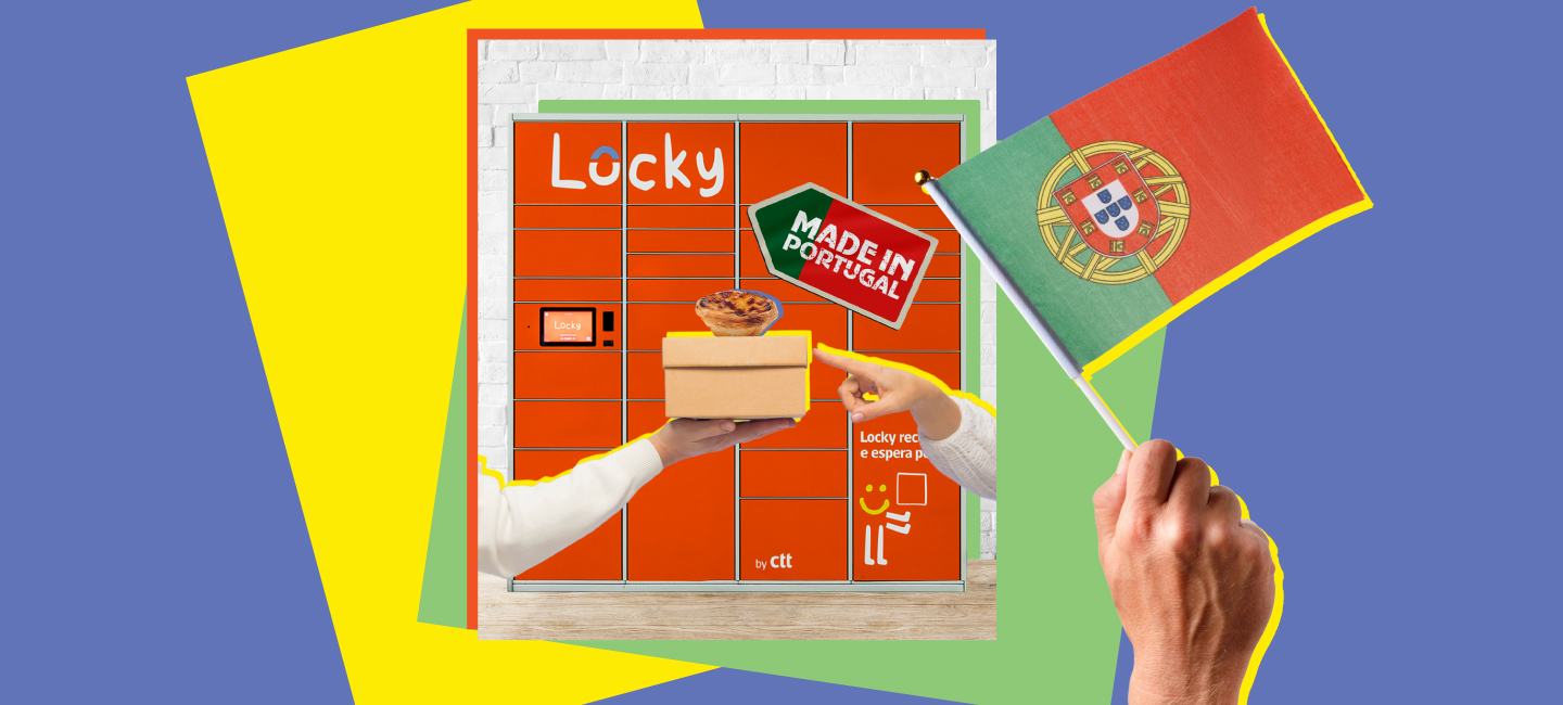 Cacifo Locky com uma mão e um pastel de nata; mão a agarrar a bandeira portuguesa
